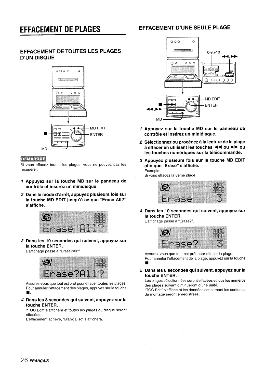 Aiwa XR-MD95 manual Effacement DE Plages, Effacement DE Toutes LES Plages D’UN Disque, Effacement D’UNE Seule Plage, 0000 