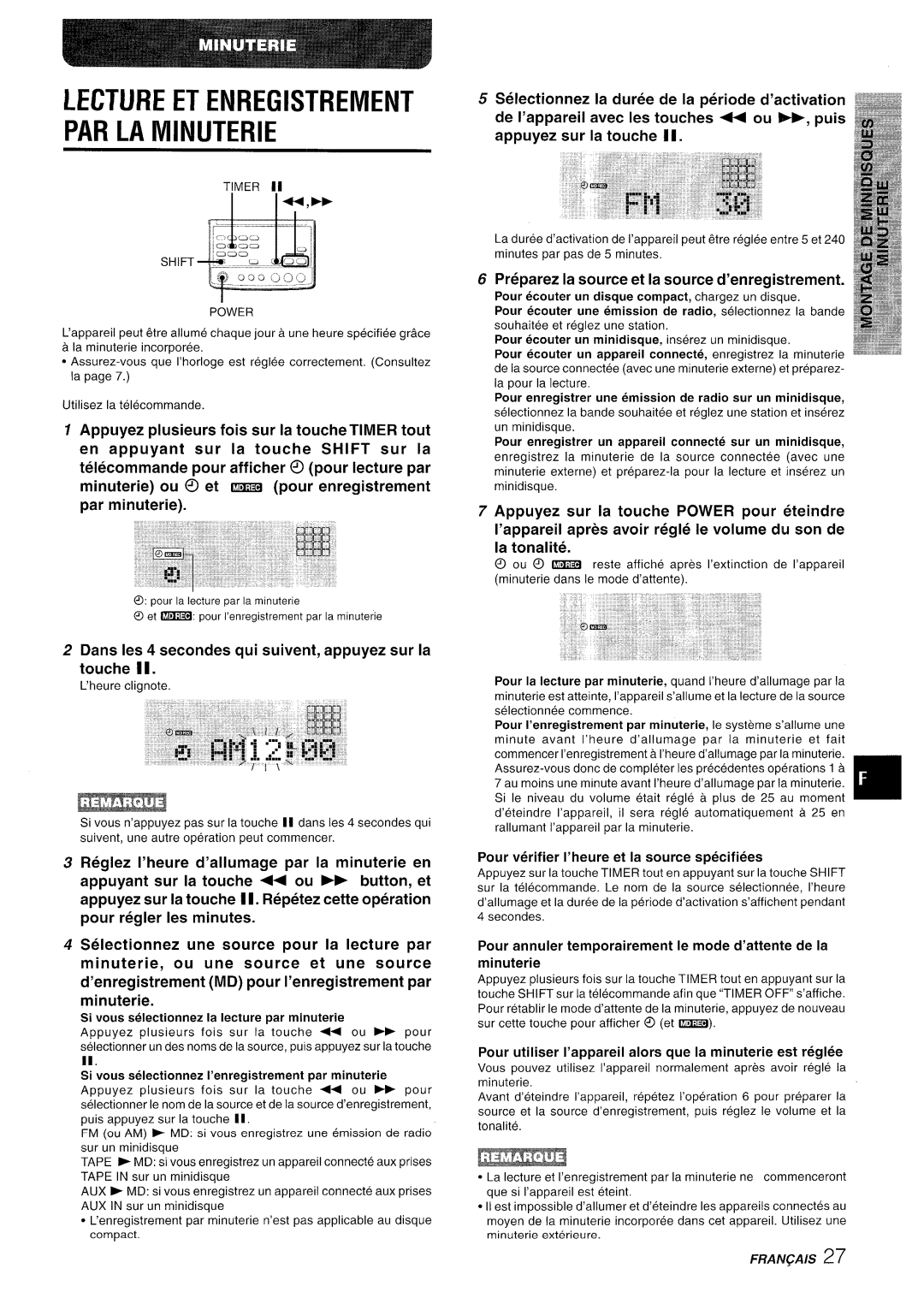 Aiwa XR-MD95 manual Lecture ET Enregistrement PAR LA Minuterie, Dans Ies 4 secondes qui suivent, appuyez sur la touche 