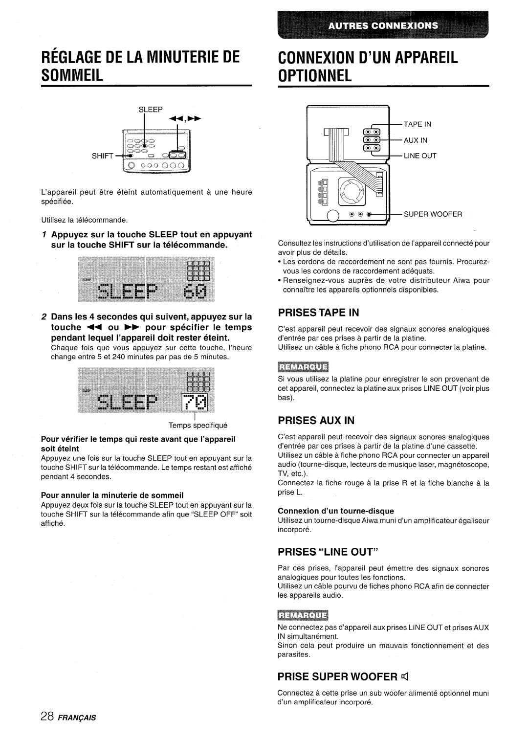 Aiwa XR-MD95 manual Reglage DE LA Minuterie DE Sommeil, Connexion D’UN Appareil Optionnel, Prisestape, Prises AUX 