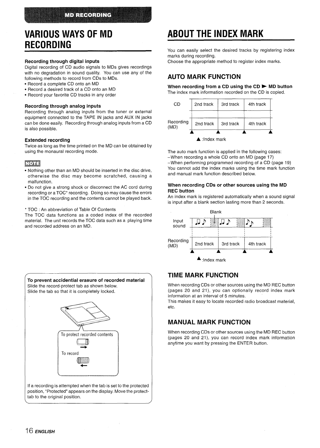 Aiwa XR-MD95 manual Various Ways Of Md Recording, About The Index Mark, Auto Mark Function, Time Mark Function, 2nd track 