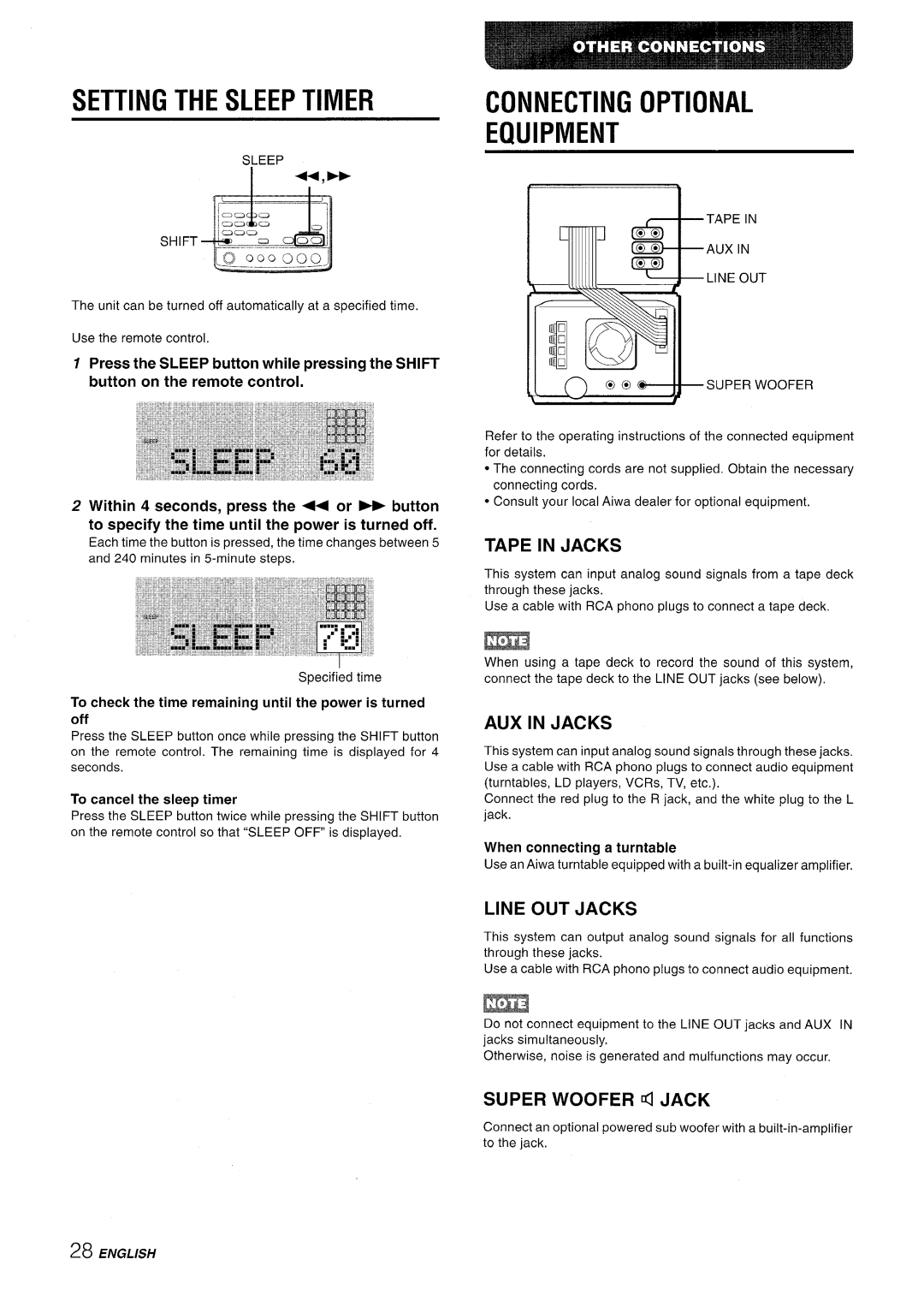 Aiwa XR-MD95 manual Setting The Sleep Timer, Connecting Optional Equipment, Tape In Jacks, Aux In Jacks, Line Out Jacks 
