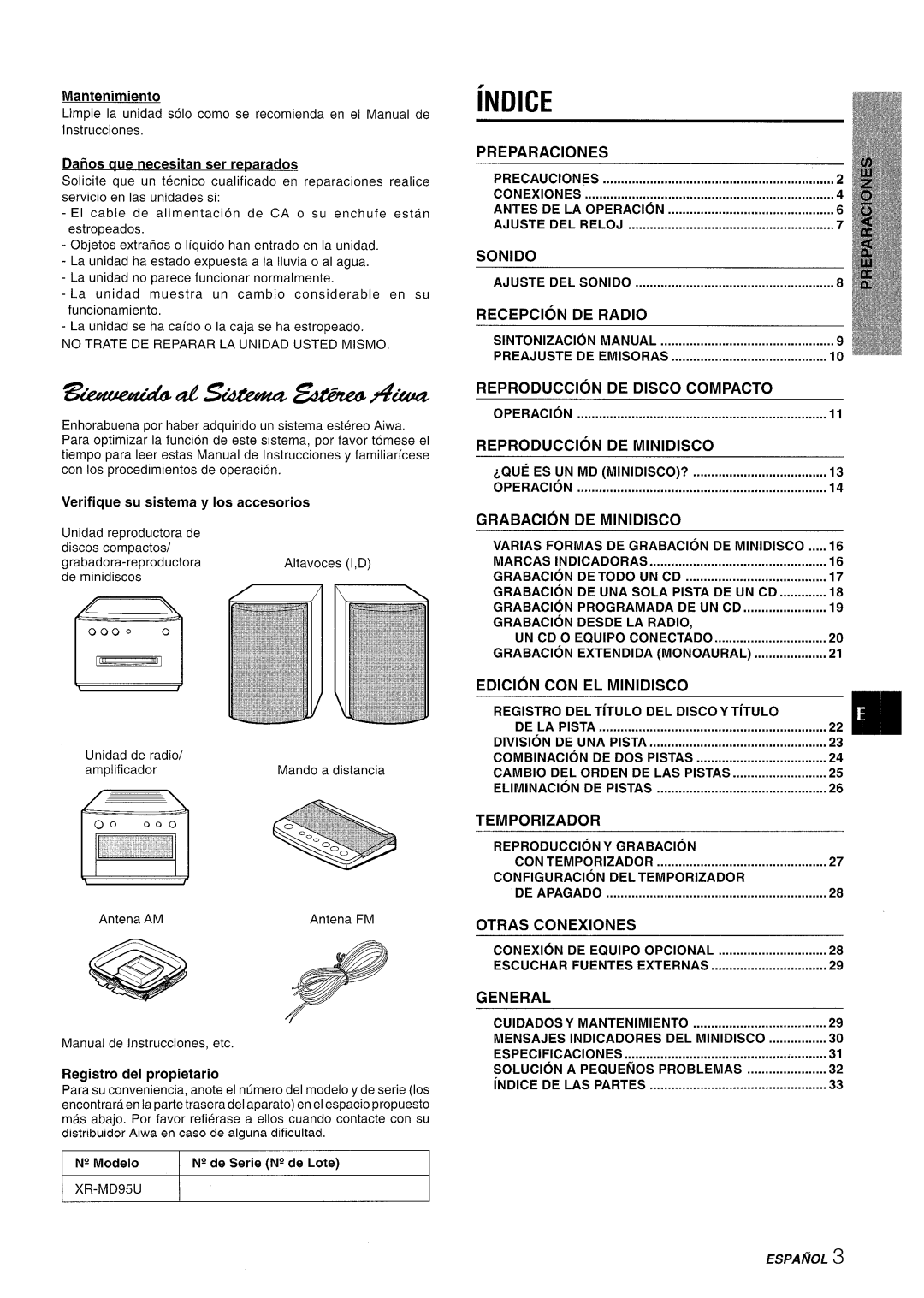 Aiwa XR-MD95 iNDICE, Preparaciones, Sonido, Recepcion, De Radio, Reproduction, De Disco Compacto, De Minidisco, Grabacion 