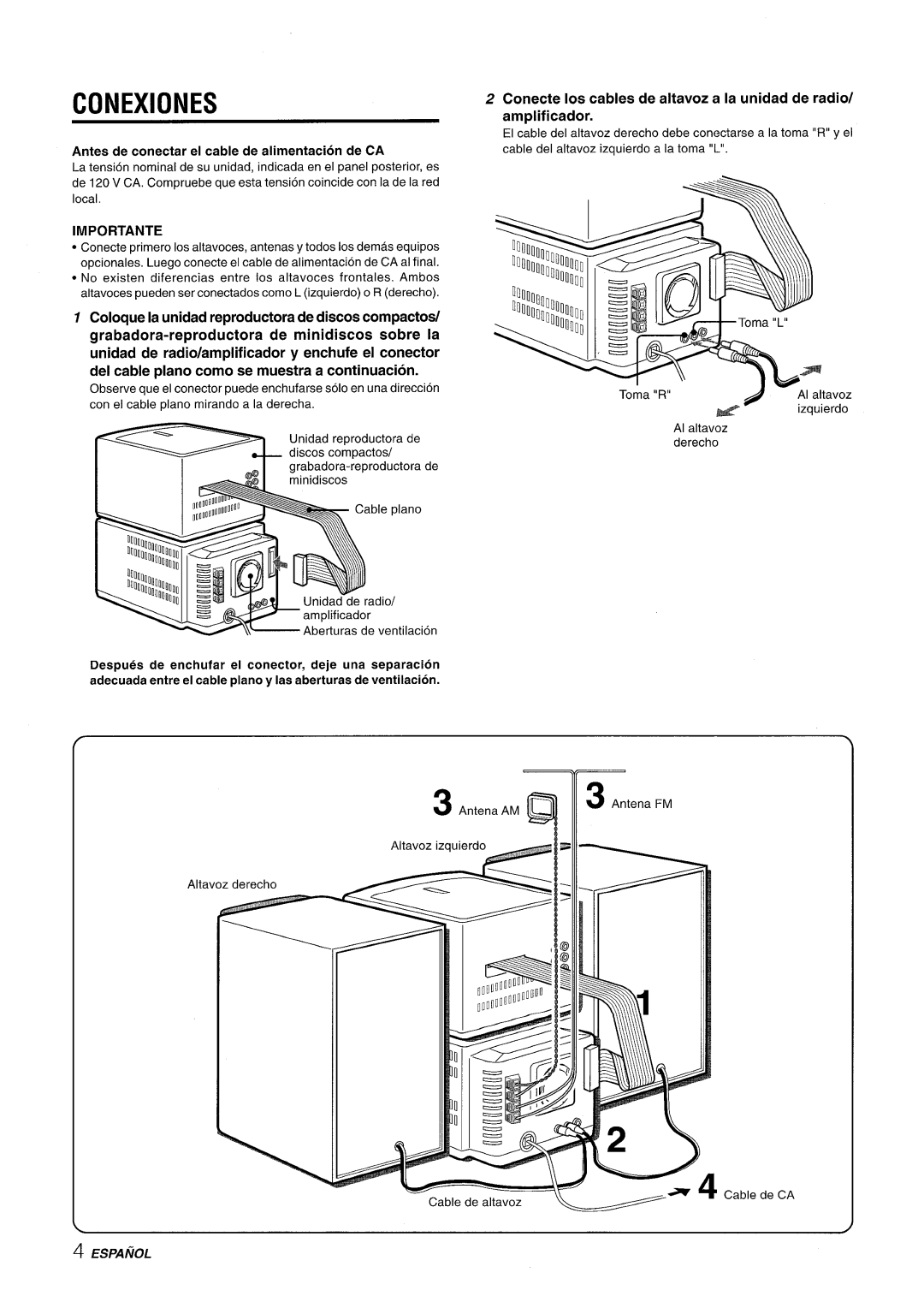 Aiwa XR-MD95 manual Conexiones, Coloque la unidad reproductora de discos compactos, Importante, Espanol 
