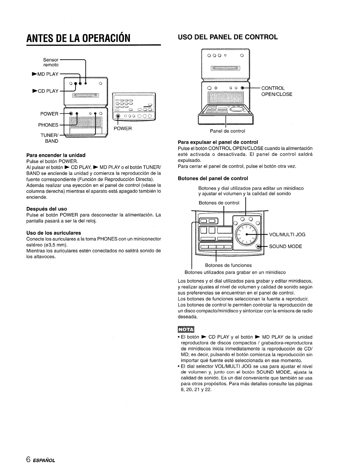 Aiwa XR-MD95 manual Antes De La Operacion, Uso Del Panel De Control, Para encender la unidad, Uso de Ios auriculares, 0000 