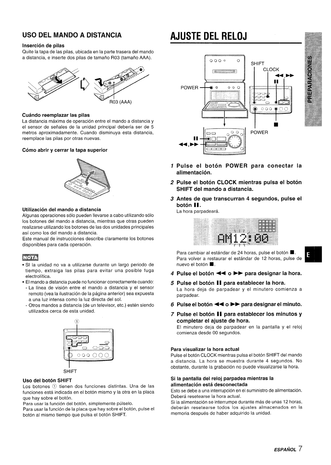 Aiwa XR-MD95 4!!!/’, Usi Del Mando A Distanciaajuste Del Reloj, Utilization del mando a distancia, Insertion de pilas 