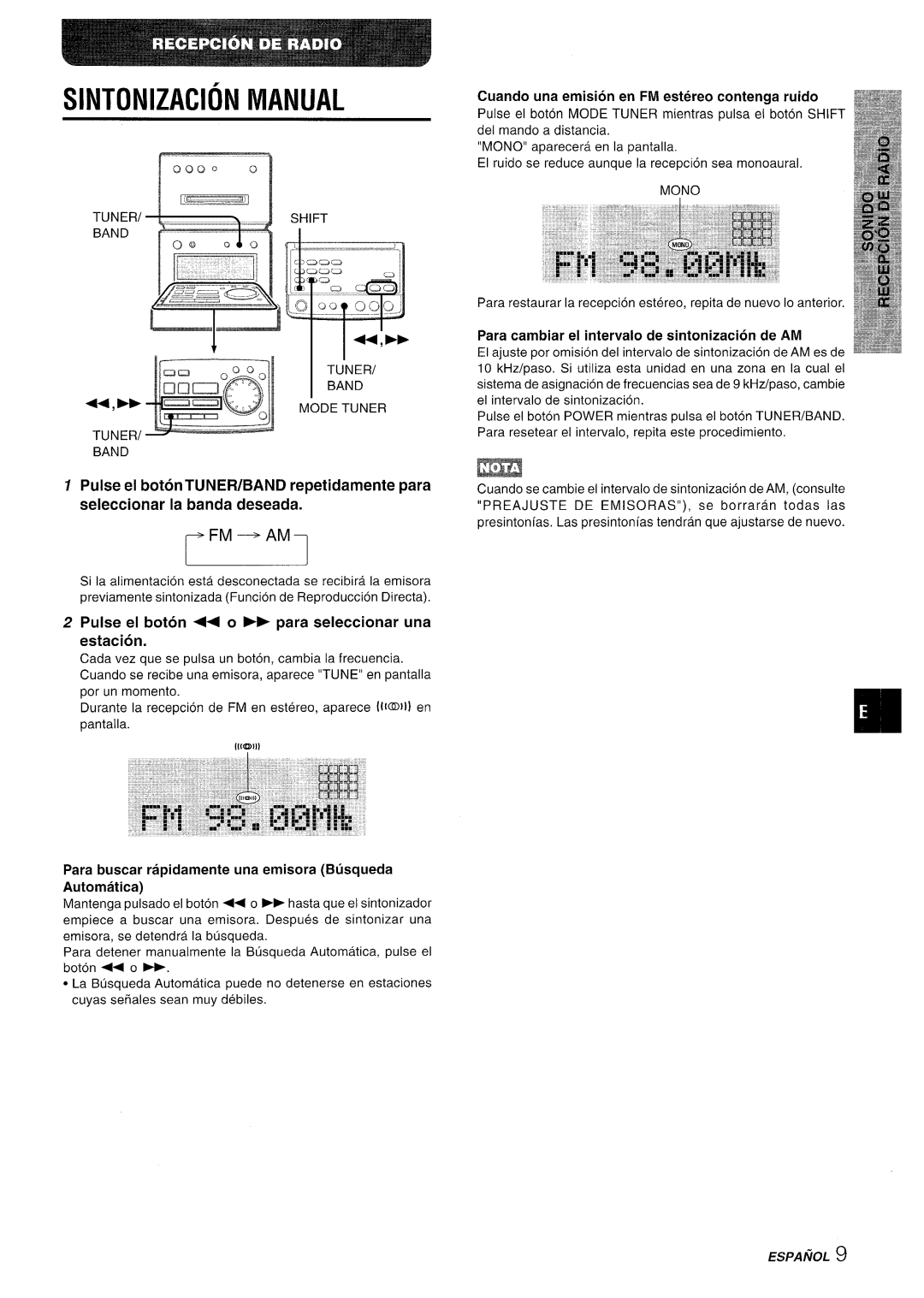 Aiwa XR-MD95 manual TUNER= s, Sintonizacion Manual, Pulse el boton 4+ o - para seleccionar una estacion, Espanol 