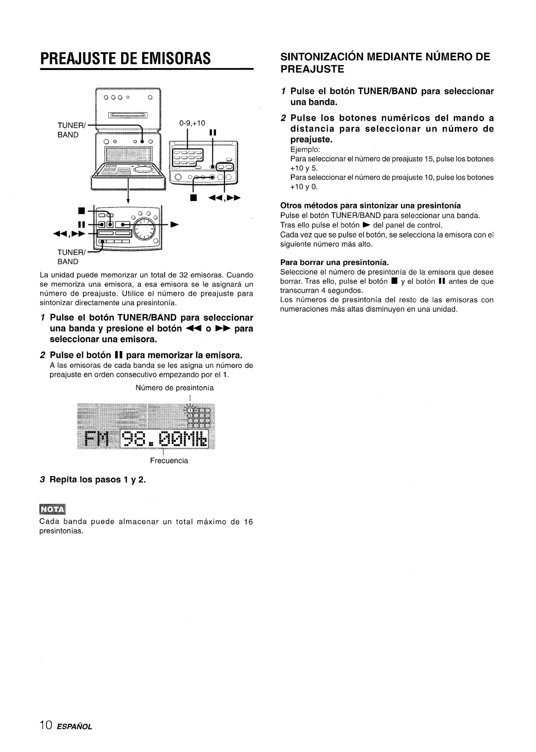 Aiwa XR-MD95 manual Preajuste De Emisoras, Sintonizacion Mediante Numero De Preajuste, Repita Ios pasos 1 y, Espanol 