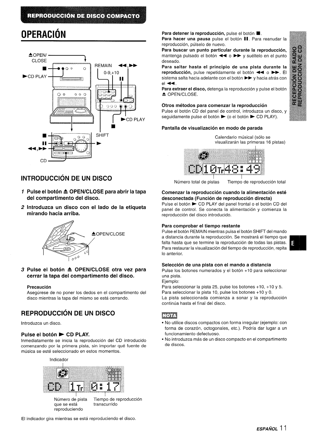 Aiwa XR-MD95 Operacion, Introduction De Un Disco, Reproduction De Un Disco, Precaution, Pulse el boton * CD PLAY, ESPA/iOL 