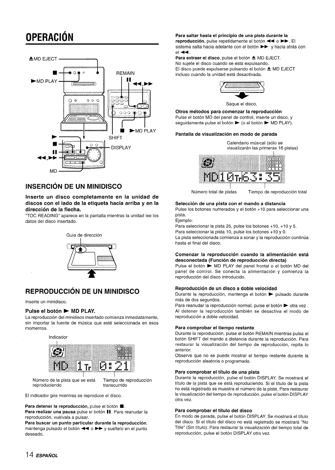 Aiwa XR-MD95 OPERACION ‘MD‘JEcT~, Insercion De Un Minidisco, Reproduction De Un Minidisco, F, Pulse el boton P MD PLAY 