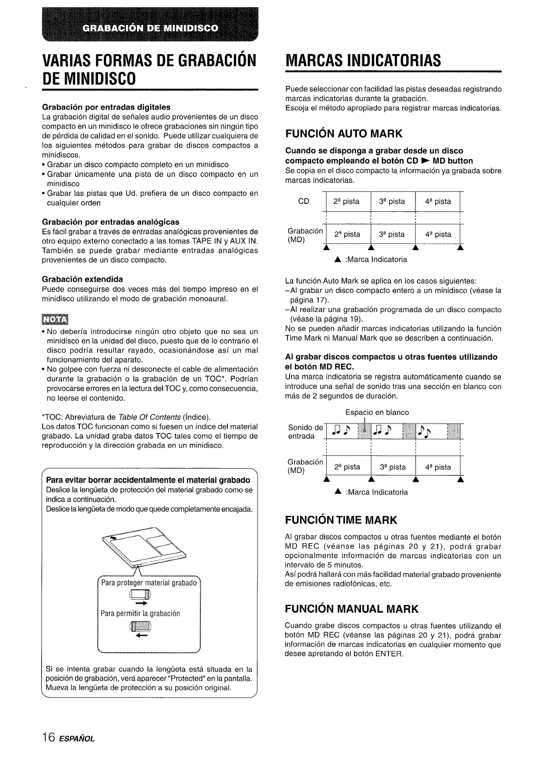 Aiwa XR-MD95 Varias Formas De Grabacion De Minidisco, Marcas Indicatorias, Funcion Auto Mark, Funcion Time Mark, Aaaa 