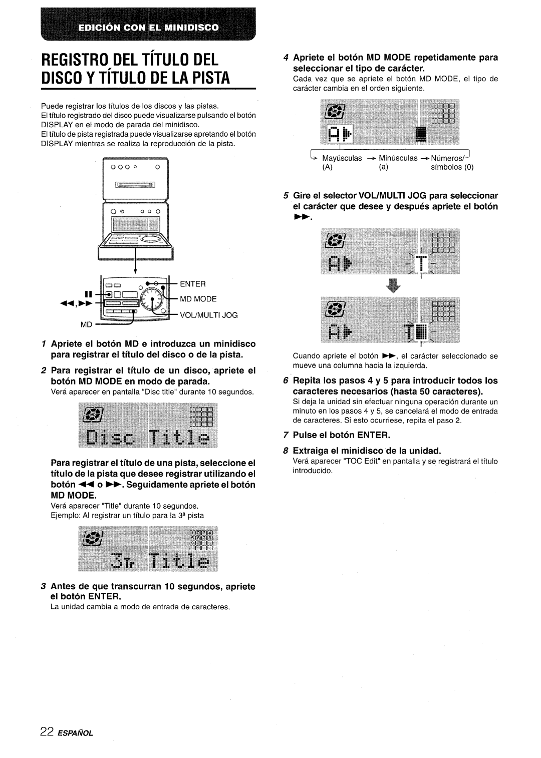 Aiwa XR-MD95 manual REGISTRO DEL TiTULO DEL DISCO Y TiTULO DE LA PISTA, ‘--- ‘ 