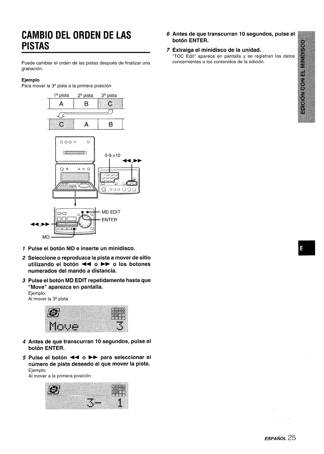 Aiwa XR-MD95 manual Cambio Del Orden De Las Pistas, Antes de que transcurran 10 segundos, pulse el boton ENTER 
