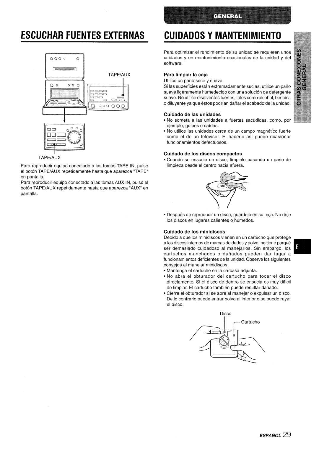 Aiwa XR-MD95 Escucharfuentes Externas Cuidados Y Mantenimiento, Para Iimpiar la caja, Cuidado de as unidades, Espanol 
