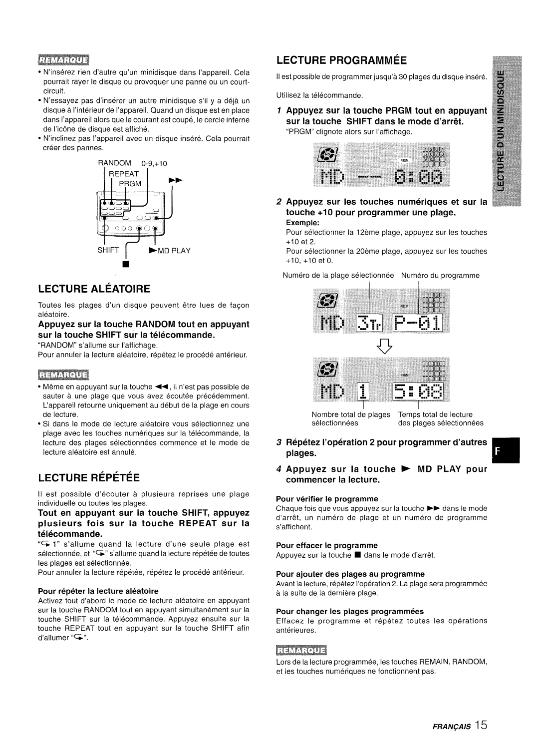 Aiwa XR-MD95 manual plusieurs fois sur la touche REPEAT sur la telecommande, Pour verifier Ie programme, Lecture Aleatoire 