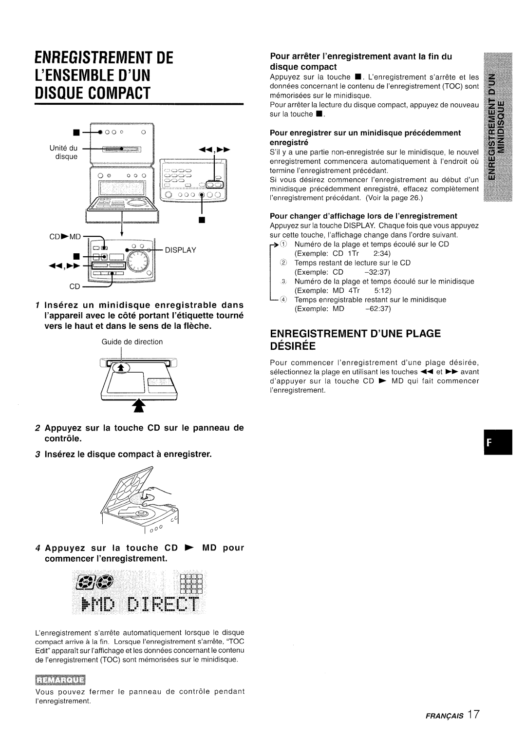 Aiwa XR-MD95 manual Enregistfiement De L’Ensemble D’Un Disque Compact, Enregistrement D’Une Plage Desiree 