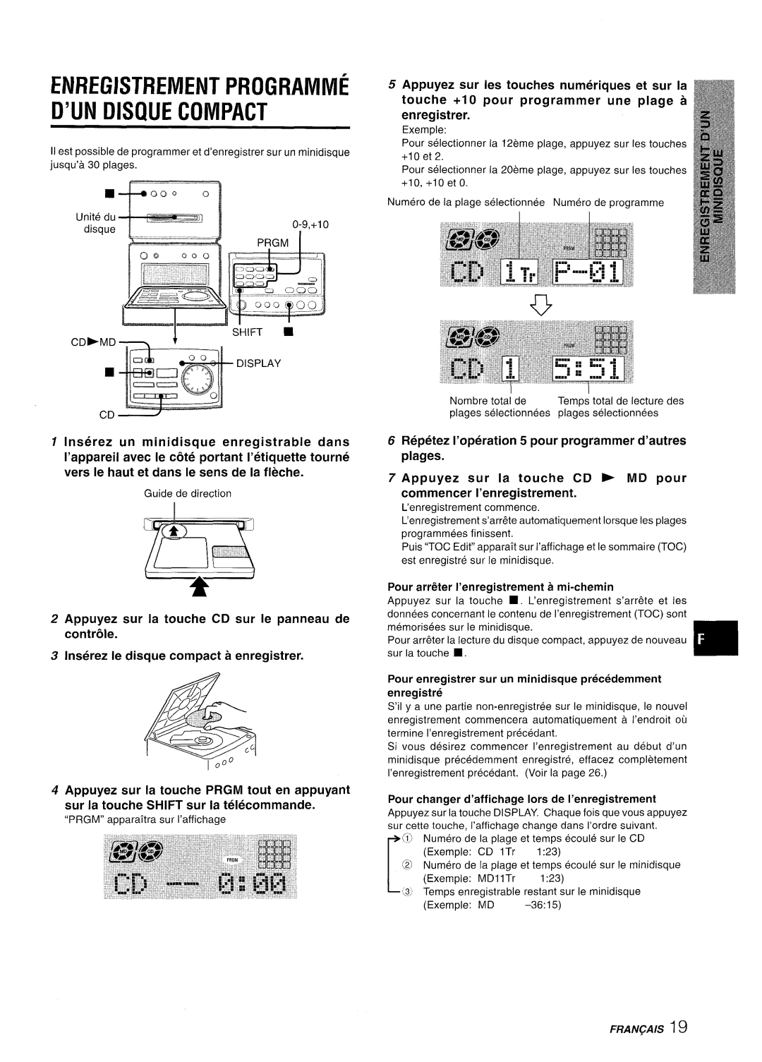 Aiwa XR-MD95 manual Enregistrement Programme D’Un Disque Compact, Appuyez sur Ies touches numeriques et sur la 