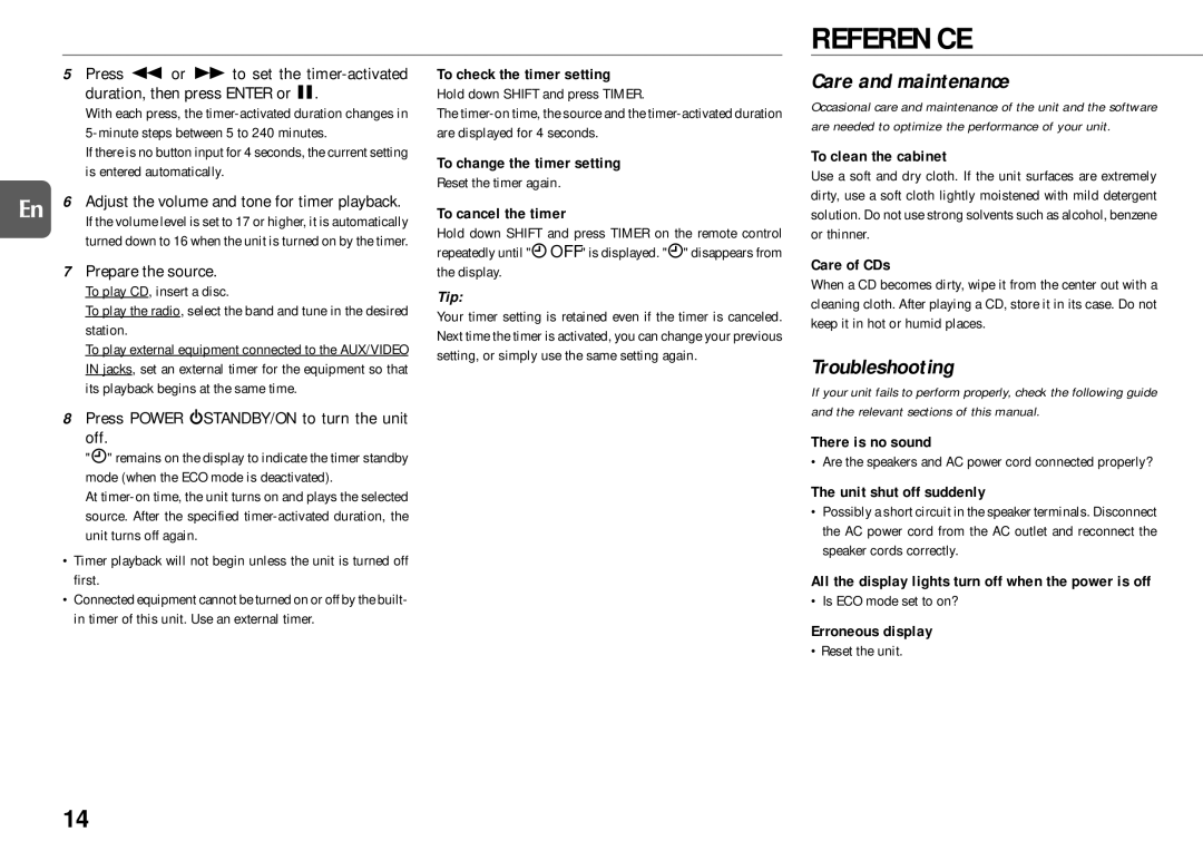 Aiwa XR-MG9 manual Reference, Care and maintenance, Troubleshooting 