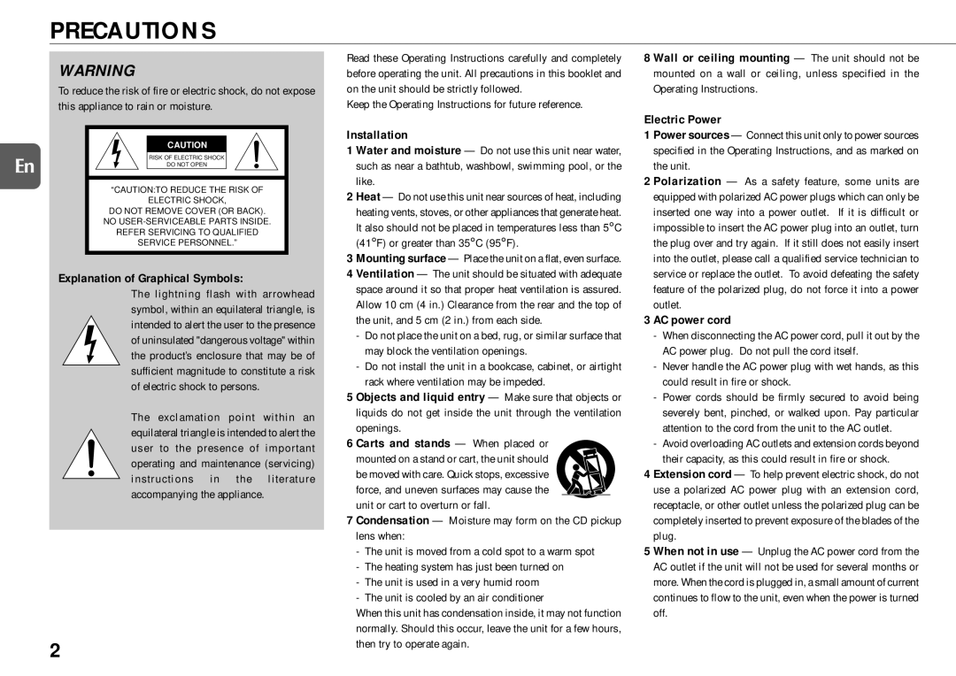 Aiwa XR-MG9 manual Precautions, Explanation of Graphical Symbols, Installation, AC power cord 