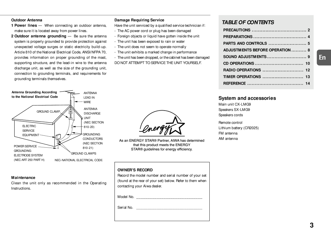 Aiwa XR-MG9 manual Table of Contents 