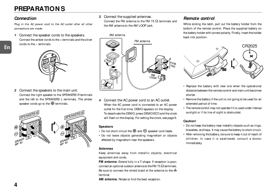 Aiwa XR-MG9 manual Preparations, Connection, Remote control, Speakers, Antennas 