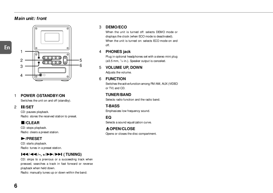 Aiwa XR-MG9 manual Main unit front, Demo/Eco, Function, Tuner/Band, Bass 