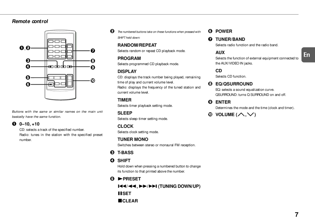 Aiwa XR-MG9 Random/Repeat, Program, Display, Timer, Sleep, Clock, Tuner Mono, Bass Shift, Power TUNER/BAND, Aux, Enter 