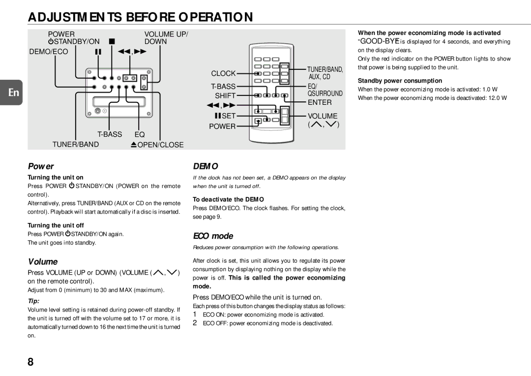 Aiwa XR-MG9 manual Adjustments Before Operation, Power, Volume, ECO mode 