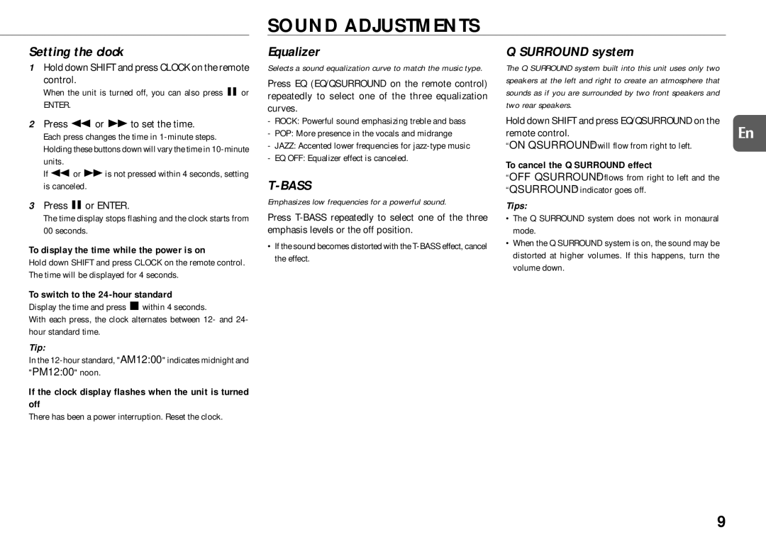 Aiwa XR-MG9 manual Sound Adjustments, Setting the clock, Equalizer, Surround system 