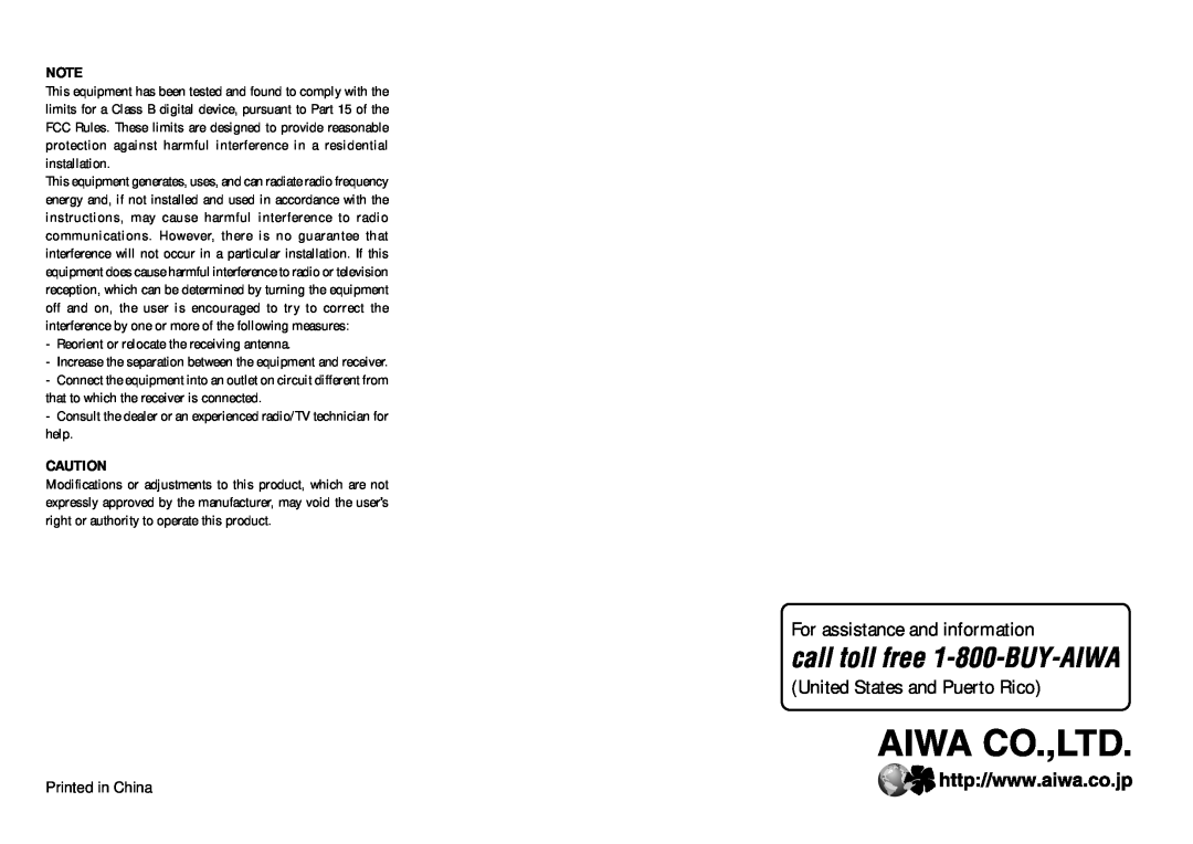 Aiwa XR-MG9 For assistance and information, United States and Puerto Rico, Reorient or relocate the receiving antenna 