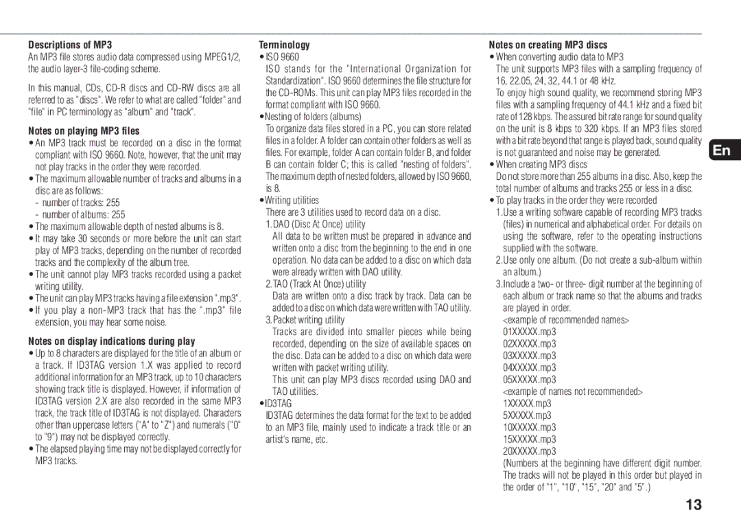 Aiwa XR-MN5 manual Descriptions of MP3, ID3TAG 