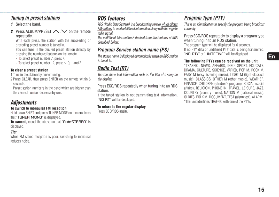 Aiwa XR-MN5 manual RDS features, Adjustments 