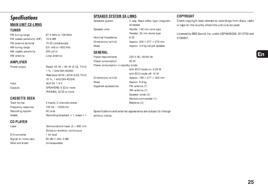 Aiwa XR-MN5 manual Specifications, Licensed by BBE Sound, Inc. under USP4638258, 5510752 