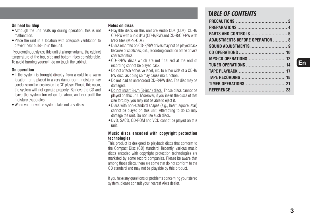 Aiwa XR-MN5 manual Table of Contents 