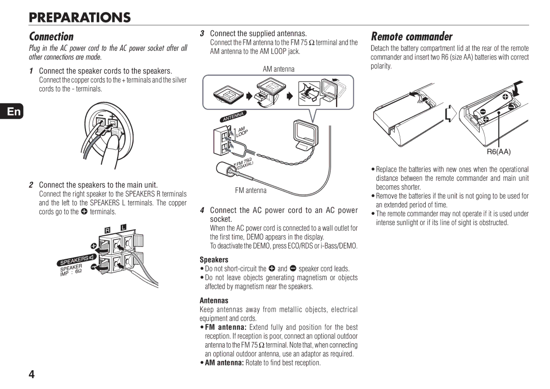 Aiwa XR-MN5 manual Preparations, Connection, Remote commander, Speakers, Antennas 