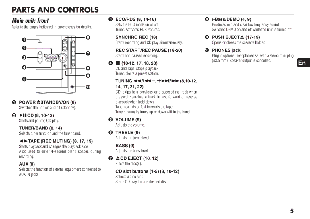 Aiwa XR-MN5 manual Parts and Controls, Main unit front 