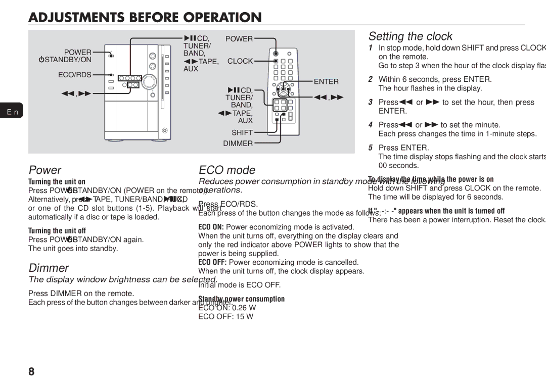 Aiwa XR-MN5 manual Adjustments Before Operation, Setting the clock, Power, Dimmer, ECO mode 