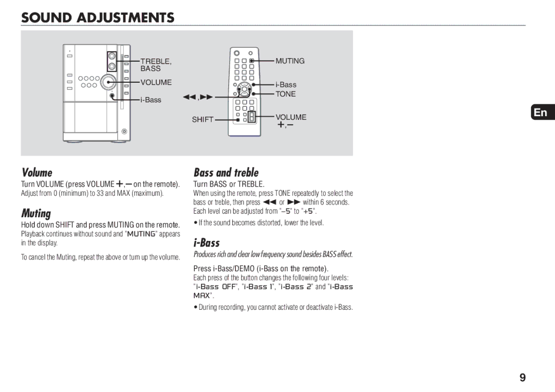 Aiwa XR-MN5 manual Sound Adjustments, Volume, Muting, Bass and treble 