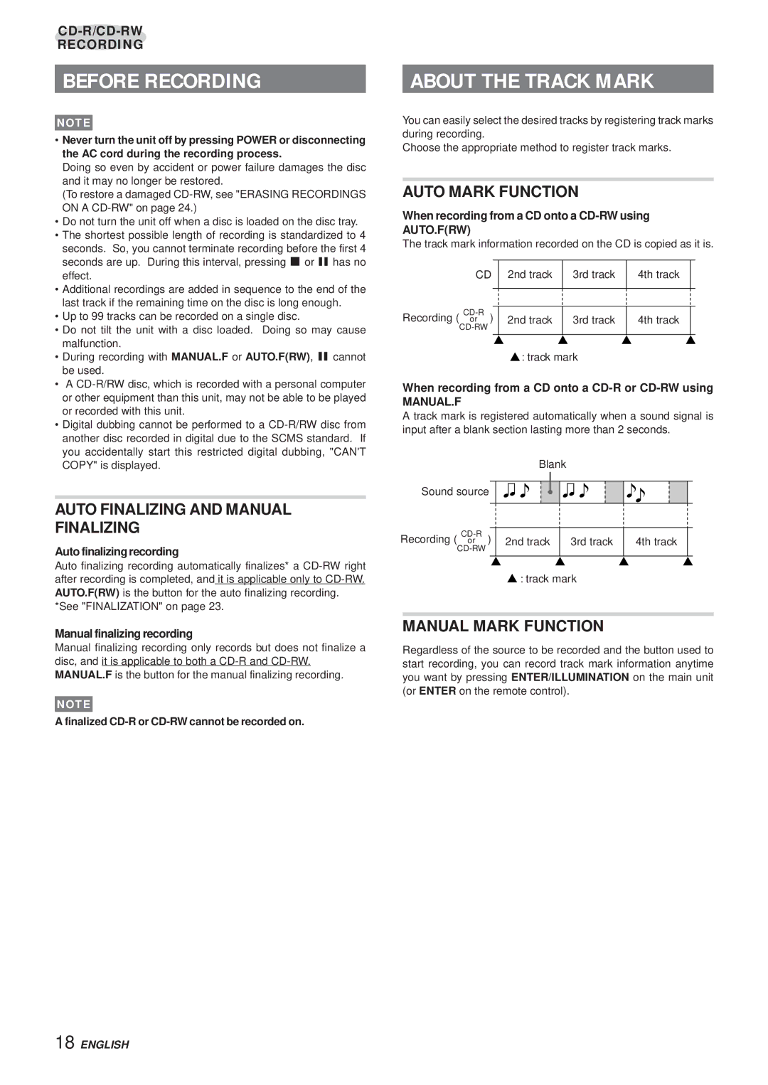 Aiwa XR-MR5 manual Before Recording, About the Track Mark, Auto Finalizing and Manual Finalizing, Auto Mark Function 