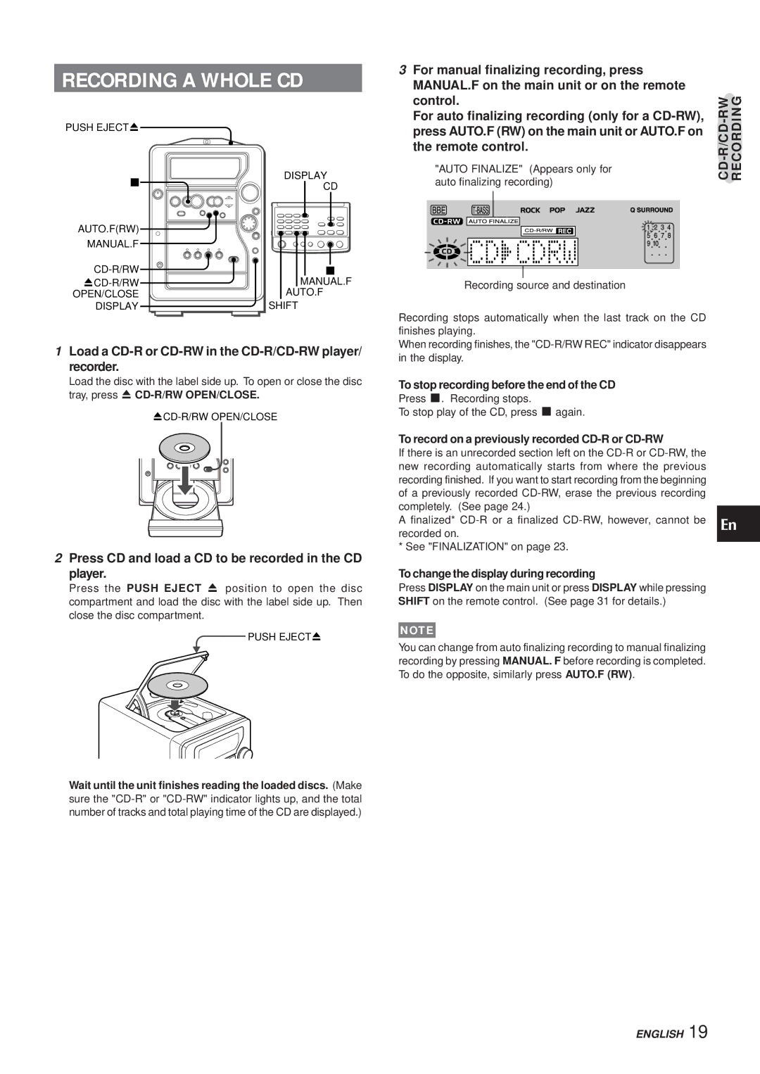 Aiwa XR-MR5 manual Recording a Whole CD, Load a CD-R or CD-RW in the CD-R/CD-RW player Recorder 