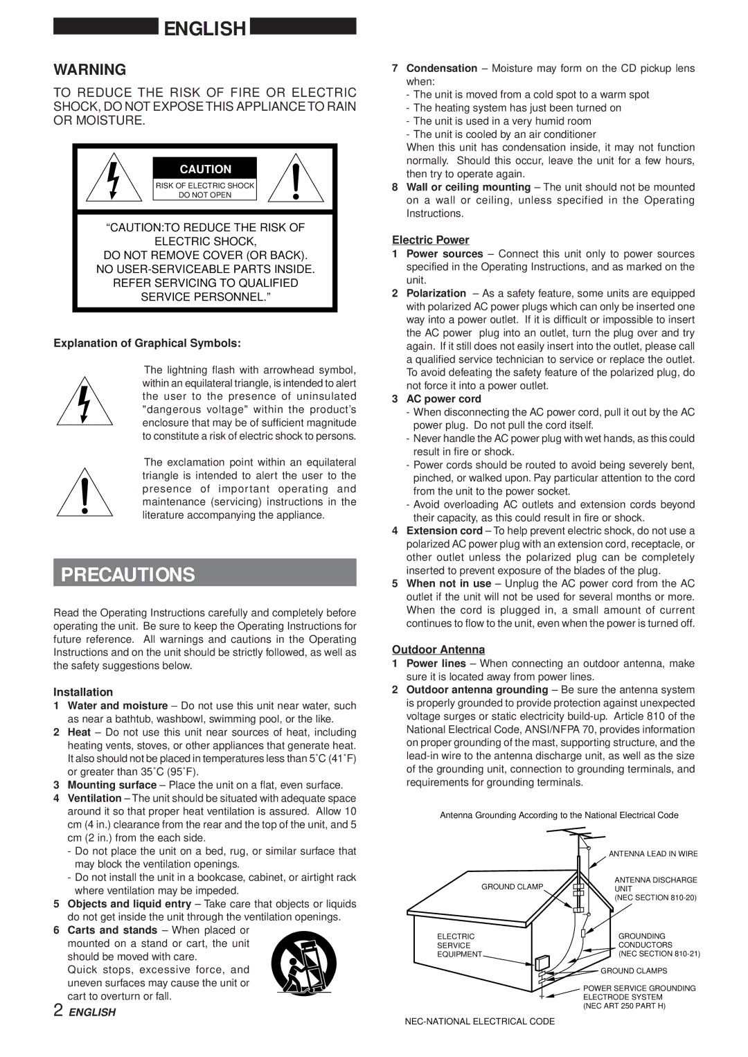 Aiwa XR-MR5 manual Precautions, Explanation of Graphical Symbols, Installation, Electric Power, Outdoor Antenna 