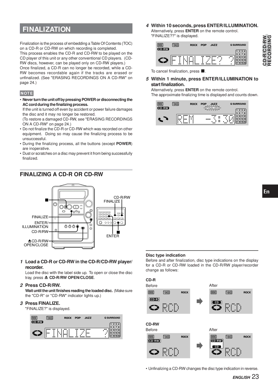 Aiwa XR-MR5 manual Finalization, Finalizing a CD-R or CD-RW, Cd-R/Cd-Rw 