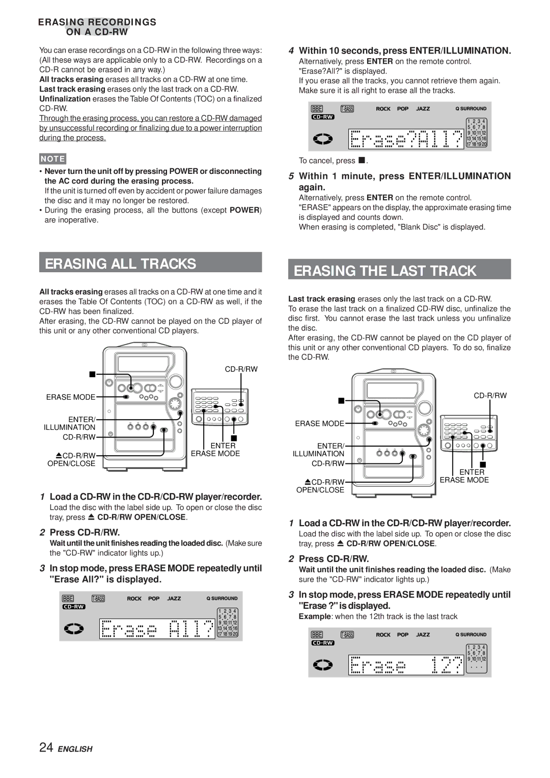 Aiwa XR-MR5 manual Erasing ALL Tracks, Erasing the Last Track, Within 1 minute, press ENTER/ILLUMINATION Again 