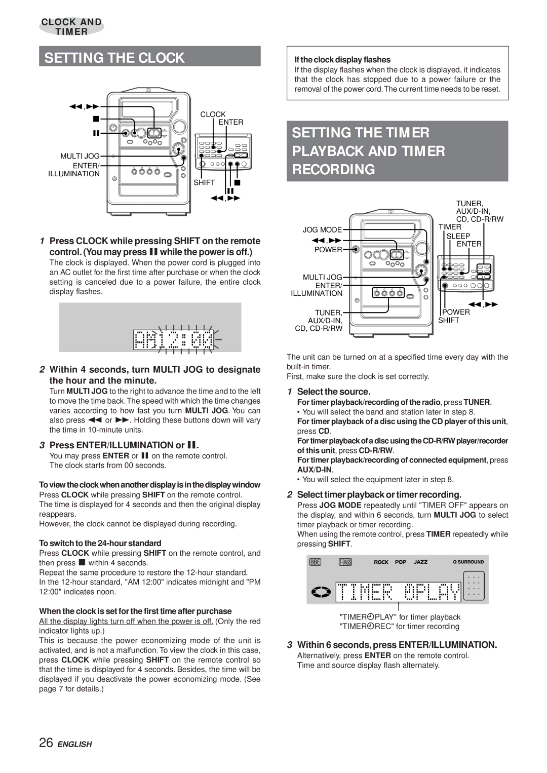 Aiwa XR-MR5 manual Setting the Clock, Setting the Timer Playback and Timer Recording, Clock Timer 