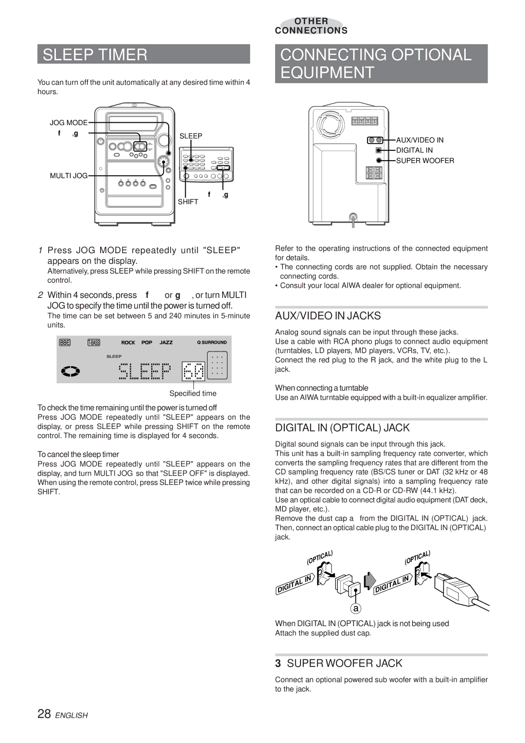 Aiwa XR-MR5 Sleep Timer, Connecting Optional Equipment, AUX/VIDEO in Jacks, Digital in Optical Jack, Super Woofer Jack 