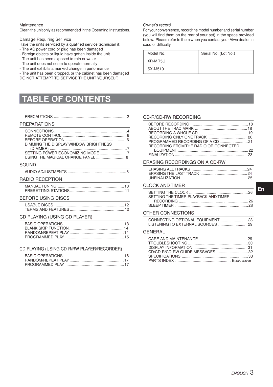 Aiwa XR-MR5 manual Table of Contents 