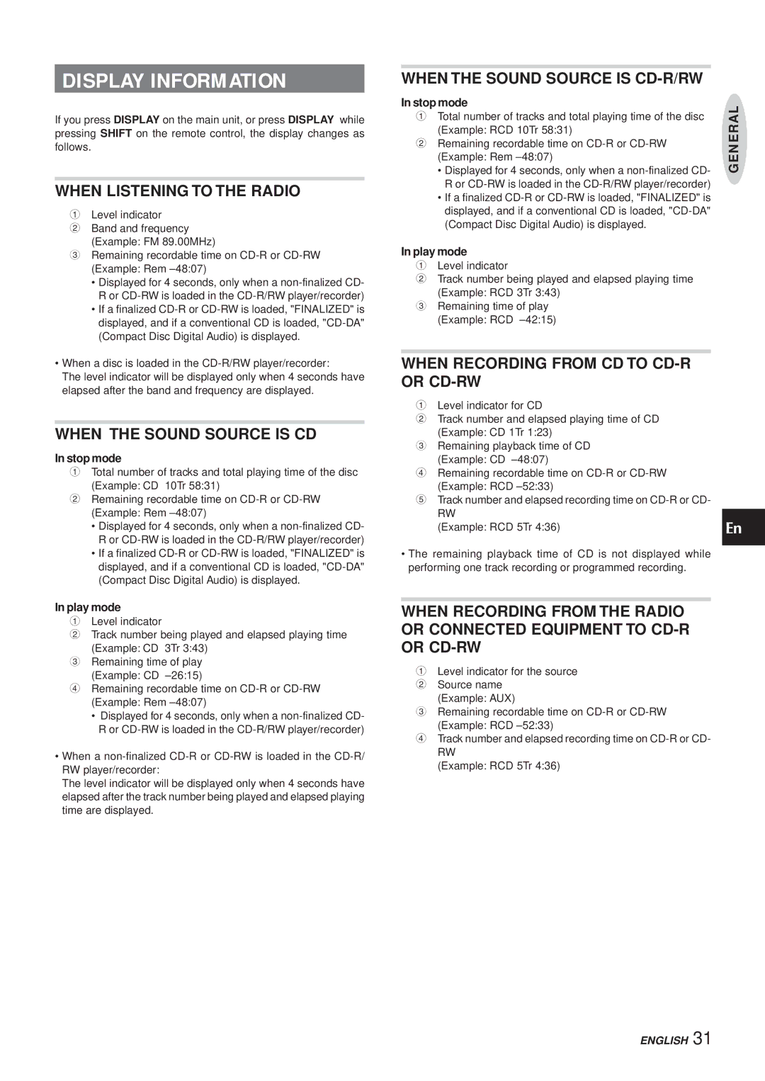 Aiwa XR-MR5 manual Display Information, When Listening to the Radio, When the Sound Source is CD 