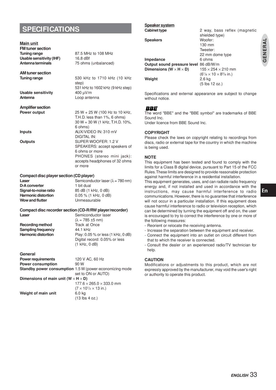 Aiwa XR-MR5 manual Specifications, Copyright 