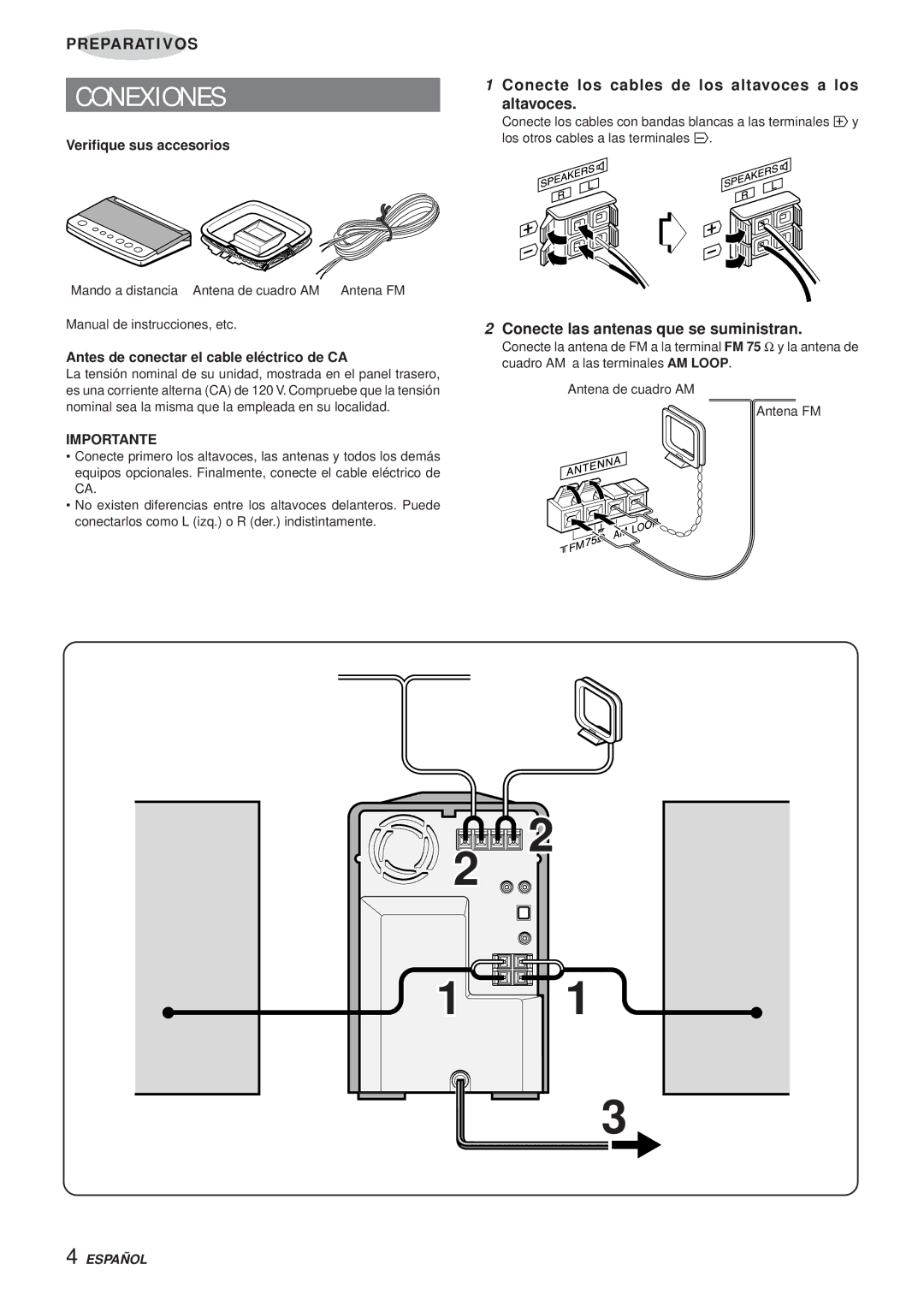 Aiwa XR-MR5 manual Conexiones, Conecte los cables de los altavoces a los altavoces, Conecte las antenas que se suministran 