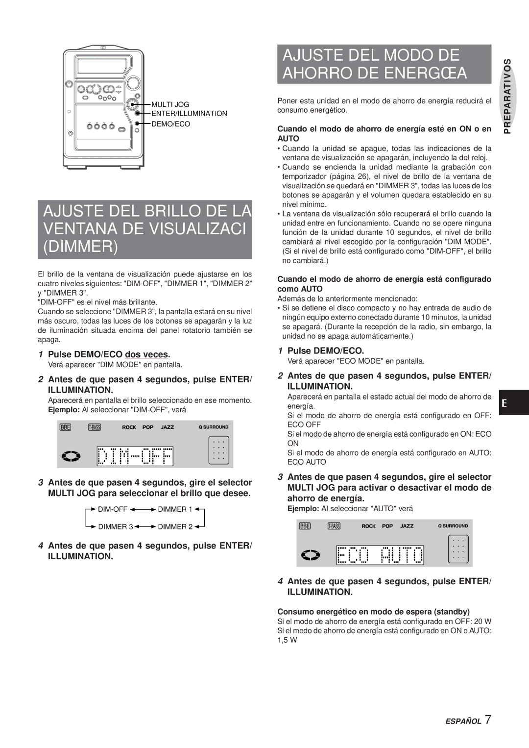 Aiwa XR-MR5 manual Ajuste DEL Modo DE, Ahorro DE Energía, Illumination 