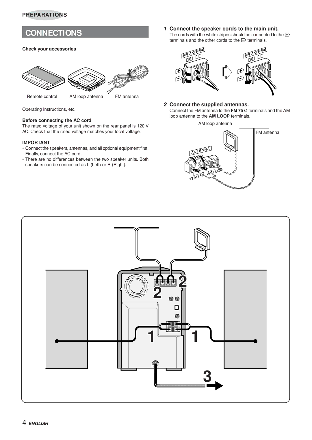 Aiwa XR-MR5 Connections, Connect the speaker cords to the main unit, Connect the supplied antennas, Check your accessories 